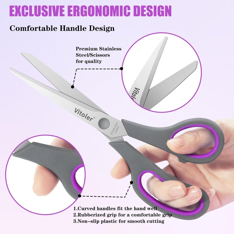 VITOLER Scissors 8.5" Heavy Duty scissors all purpose Bulk Set of 3, Scissors for Office Home School Craft Supplies, Soft Comfort-Grip Right/Left Hand - Image 3
